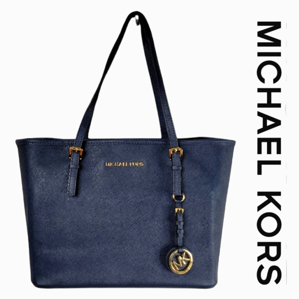 MICHAEL KORS Small Jet Set Travel Tote Saffiano Leather Bag - Navy